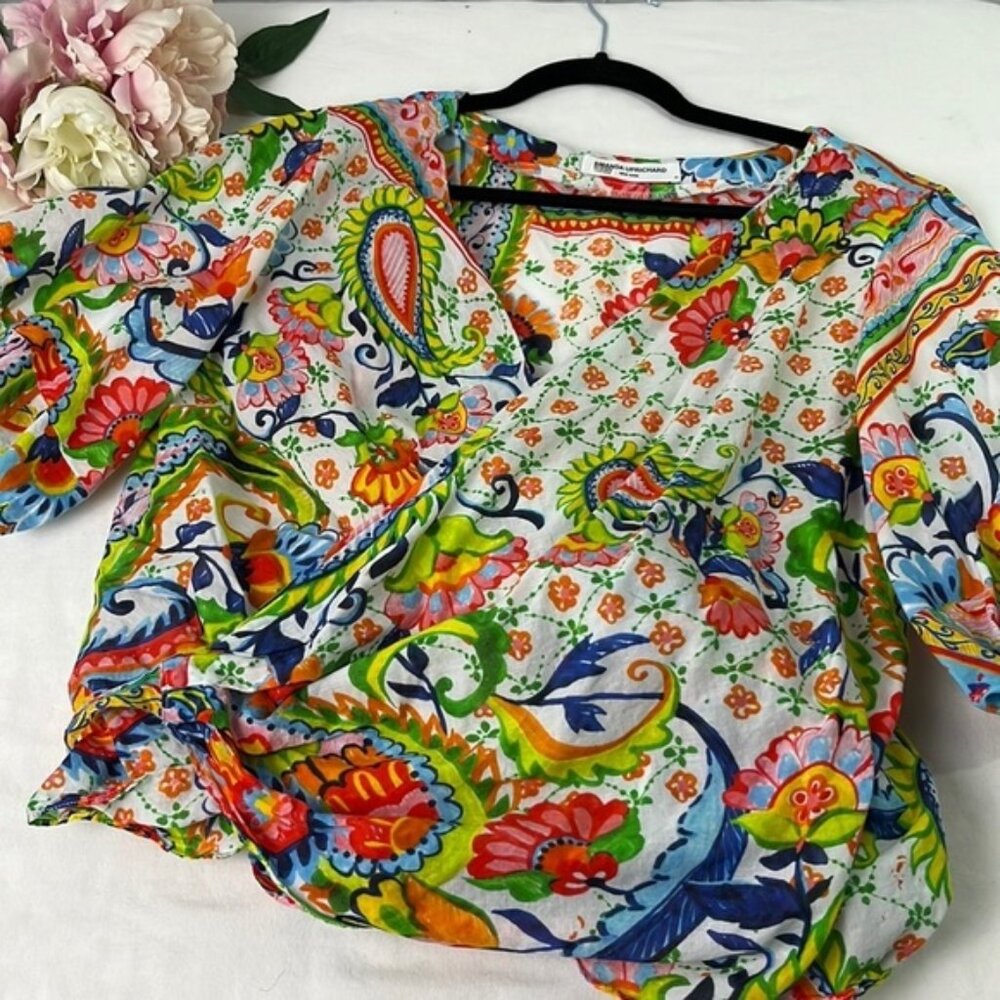 Amanda Uprichard Multicolor Elbow Puff Sleeve Ashlyn Floral Wrap Blouse Size 3X